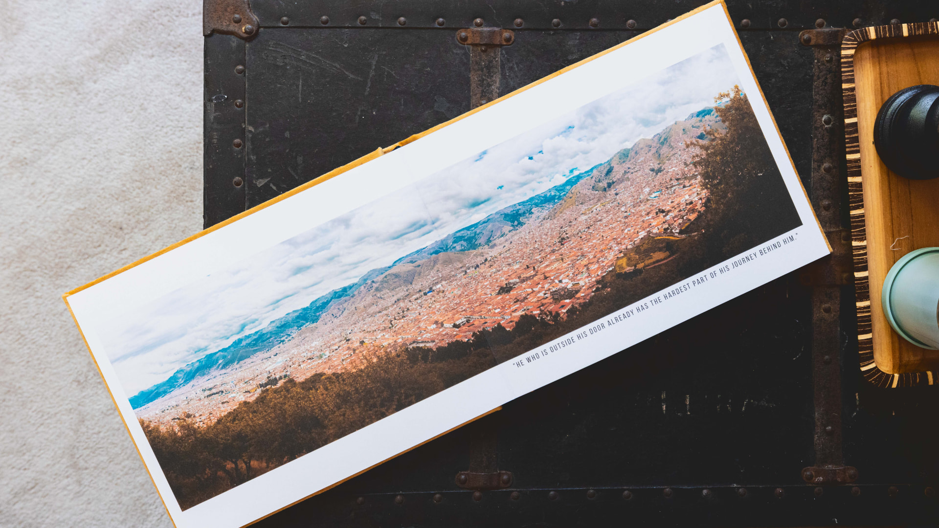 A spread from a Beacon expedition photo book showing a landscape print